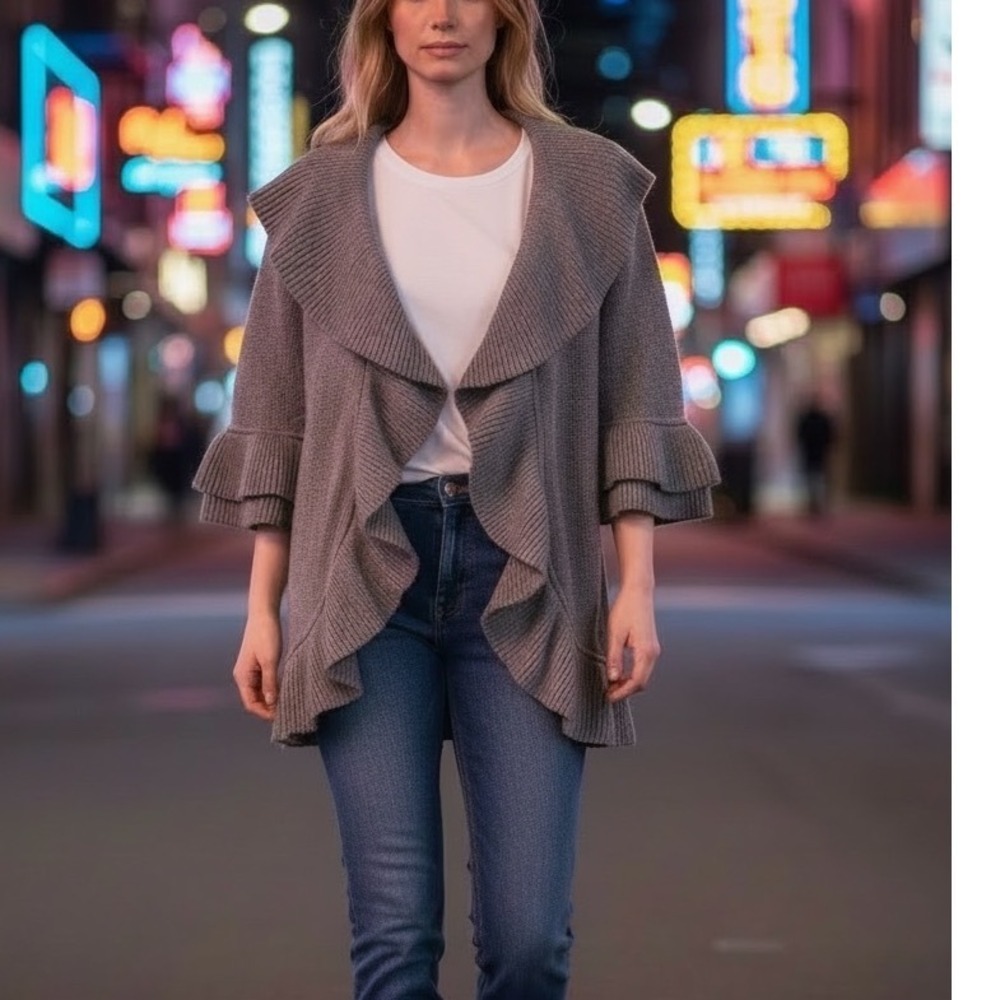 Adrienne Vittadini Grey Ruffle Open Front Cardigan Shawl Collar Size M NEW